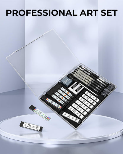 Four Candies 27PCS Art Mechanical Pencil Set with Case, 4PCS Metal Drawing Pencil 0.3, 0.5, 0.7, 0.9 mm & 2PCS 2mm Lead Holder (HB 2H 2B 4B Color) with 552 Graphite Lead Refills for Drawing Sketching