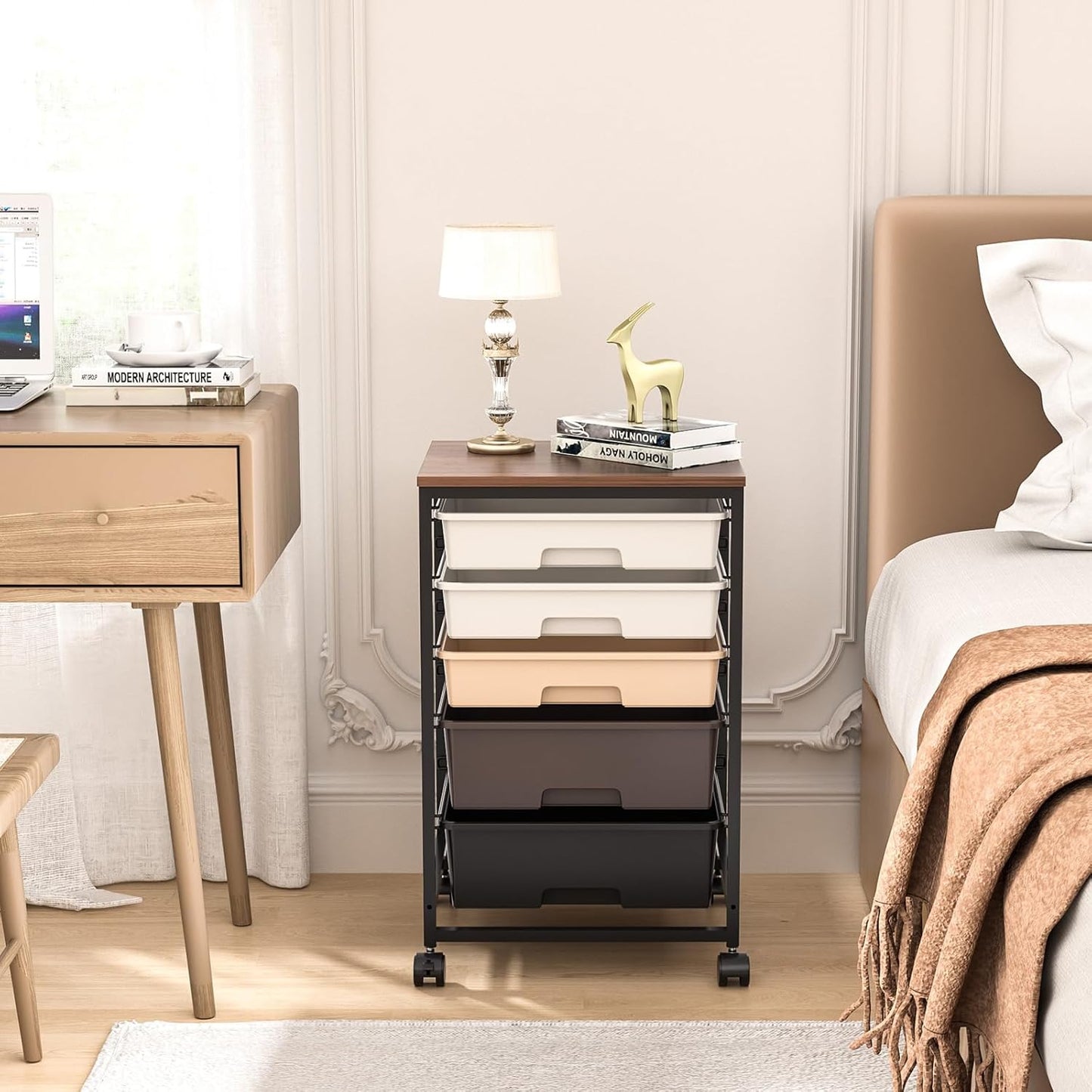 Utility Cart with 5 Drawers,Storage Drawer Cart with Wooden Tabletop and Lockable Wheels,Craft Storage Trolley Cart,5-Tier Rolling Utility Cart on Wheels,Dark Brown