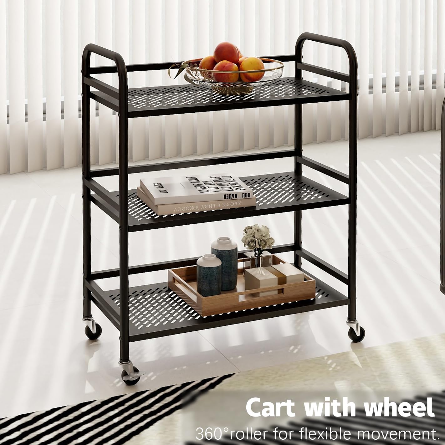 HDANI 3 Tier Metal Rolling Heavy Cart Supports 40 Lbs Per Tier,Rolling Cart with 2 Lockable Wheels for Office,Home,Bedroom,Kitchen,Bathroom(Black)…