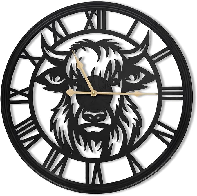 20inch Large Wall Clocks for Living Room Decor,Farmhouse Black Metal Decorative Wall Clock,Wall Clocks Battery Operated for Bedroom,Kitchen(Highland Bull Wall Clock, 20 Inch)