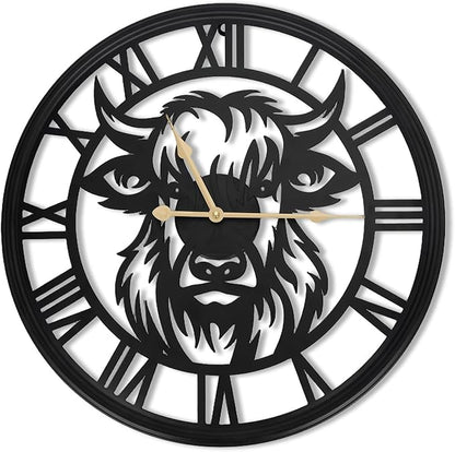 20inch Large Wall Clocks for Living Room Decor,Farmhouse Black Metal Decorative Wall Clock,Wall Clocks Battery Operated for Bedroom,Kitchen(Highland Bull Wall Clock, 20 Inch)