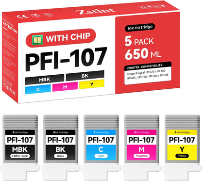 PFI-107 Ink Tank Set 5-Pack 130ml High Capacity Replacement for Canon PFI-107 PFI107 Ink Cartridges Compatible with Canon Color imagePROGRAF iPF670 iPF680 iPF685 iPF770 iPF780 iPF785 Inkjet Printer