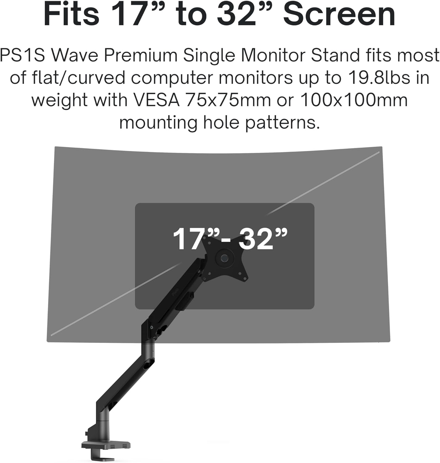 Pixio PS1S Wave Black Single Monitor Arm Stand Desk Mount - Fits up to 32 inches Monitors and up to 19.8lbs. VESA Compatibility and Integrated Cable Management