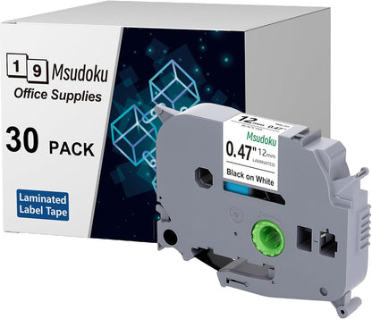 Tze TZ Tape 12mm 0.47 Laminated White Compatible for Brother Label Maker Tape 12mm 1/2" Black on White for Ptouch PT PTD200 PTD410 D210 D220 D610 P710BT PTH110, 30-Pack