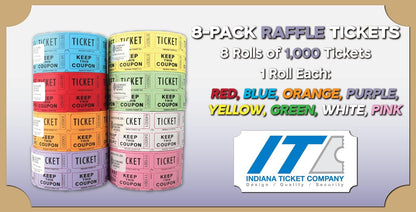 INDIANA TICKET CO. Double Roll Raffle Tickets, 8 Rolls of 1,000, 1 Roll Each Red, Blue, Orange, Purple, Green, White, Pink & Yellow, Tickets Events, Class Rewards, Fundraiser & Prizes(Pack of 8)