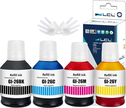 LCL GI-26 GI26 Ink Bottles Replacement for Canon 26 GI26 GI-26 Ink Refill Bottles Compatible with Canon MAXIFY GX7021 GX6021 GX7020 GX6020 GX5020 GX4020 GX3020 Printer (4-Pack,KCMY)
