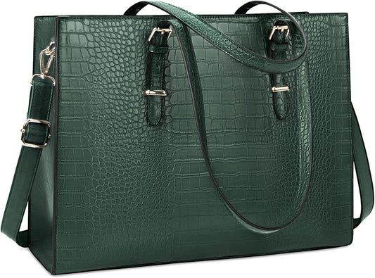 Laptop Bag for Women 15.6 Inch Laptop Tote Bag Leather Classy Computer Briefcase for Work Waterproof Handbag Professional Shoulder Bag Women Business Office Bag Large Capacity Green