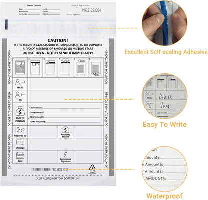 100 Pack 9" x 12" Tamper-Evident Deposit Bags with Security Tape Tamper Evident Security Pocket Bank Deposits Bags