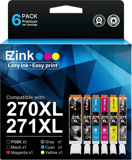 E-Z Ink 270 271 XL Ink Cartridges Compatible for Canon PGI-270XL CLI-271XL 6 Color Value Pack, use with TS9020 MG7720 TS8020 MG5720 MG5721 MG5722 MG6820 MG6821 MG6822 TS5020 TS6020 Printer