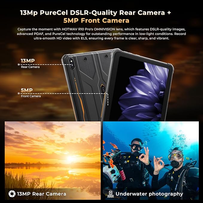 HOTWAV R10 Pro Rugged Tablet, 20GB + 256GB/TF 1TB Android 14 Tablet, 10.1inch HD+ Waterproof Tablets, 10800mAh Battery, 13MP Camera, Octa-Core/Dual SIM 4G/WLAN 5/IP68&IP69K/Face ID/GPS/OTG