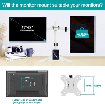 MOUNT PRO Dual Monitor Stand, Free-Standing Full Motion Monitor Desk Mount Fits 2 Screens up to 27 inches,17.6lbs with Height Adjustable, Swivel, Tilt, Rotation, VESA 75x75 100x100,White