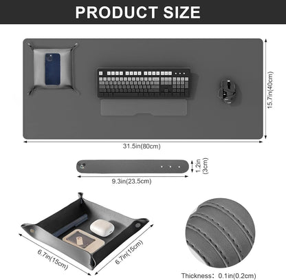 DAWNTREES Dual Sided Desk Mat,Leather Desk Pad,Cork Desk Mat Protector,with PU Leather Valet Tray Organizer,Large Mouse Pad,Desk Writing Pad for Office and Home(Dark Gray 31.5"x15.8")