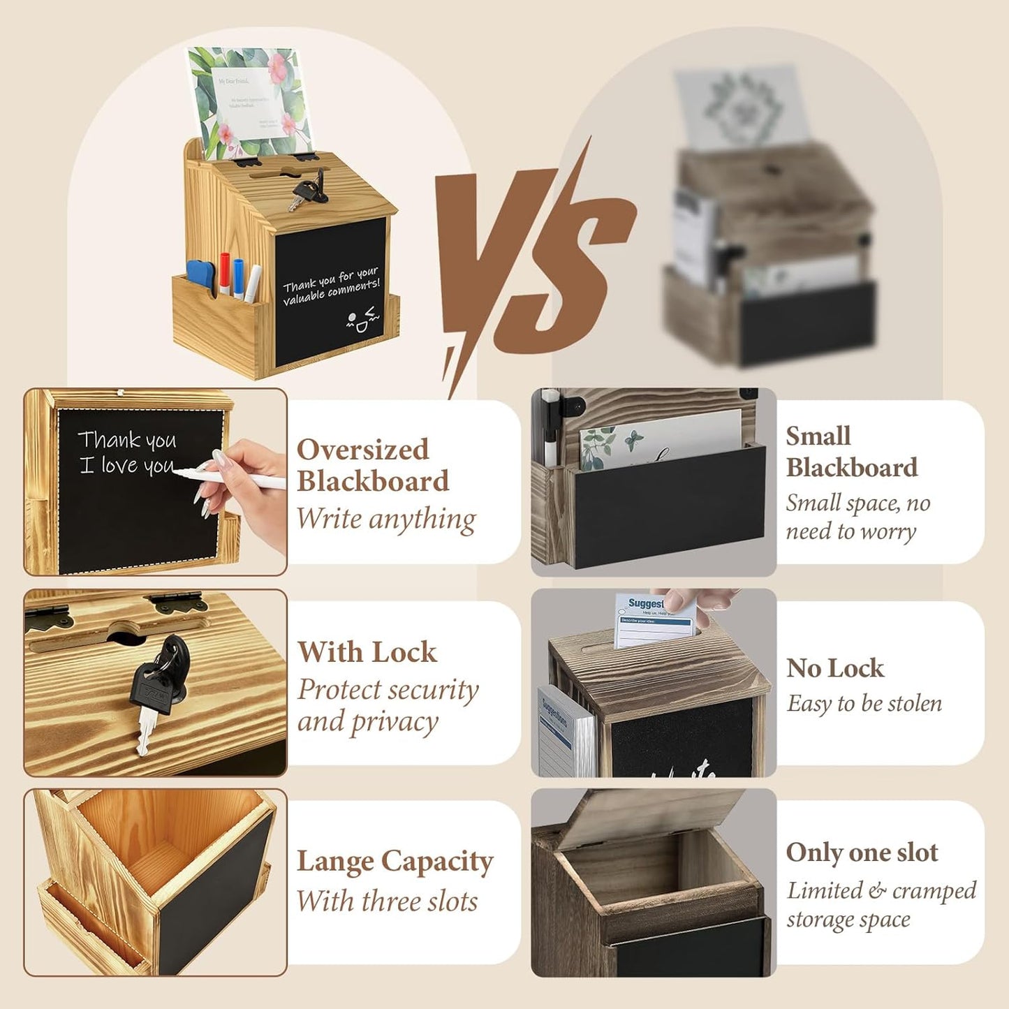 Skdtazrz Wooden Suggestion Box with Slot and Lock,Tip Money Donation Box for Savings Fundraising, Tabletop & Wall Mounted Prayer Box, Office Comment Ballot Box with Sign Slot Eraser and Pens