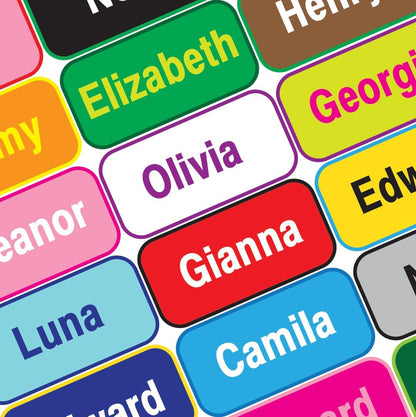 Personalized Waterproof Name Labels Press and Stick Custom Name Stick on Clothing Labels. Customized Up to 3 Lines Great for Camp & Daycare (Choose Your Background and Border and Font)