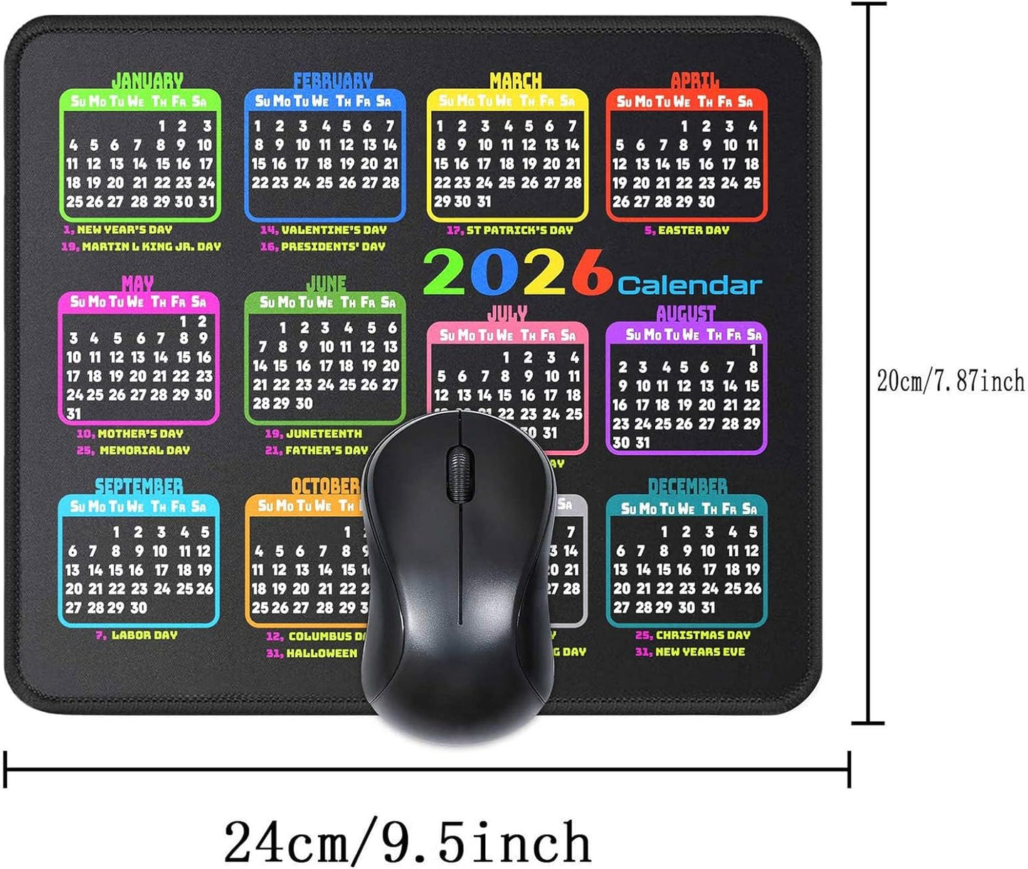 Calendar Mouse Pad 9.5 X 7.8 in, Mouse Pads with Stitched Edges and Non-Slip Rubber Base, Home Office Desk Decor Accessories for Computer Laptop Work Gaming (Black 2026 with Holidays)