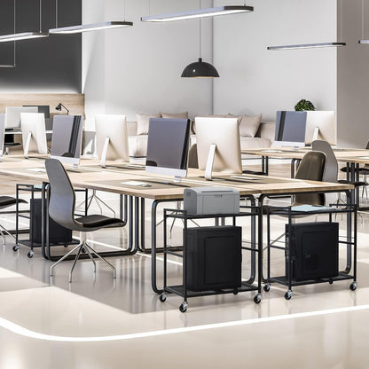 YBING Computer Tower Stand, PC Tower Stand Metal Mobile CPU Holder Stand Cart with Caster Wheels 2 Tier Rolling Printer Cart Under Desk for Fax Home Office Black