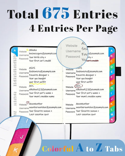 Small Password Keeper Book with Colorful Alphabetical Tabs, Hardcover Password Log-book for Internet Password and Website Address, 4.1"×6.2" Password Notebook for Home Office (Black)