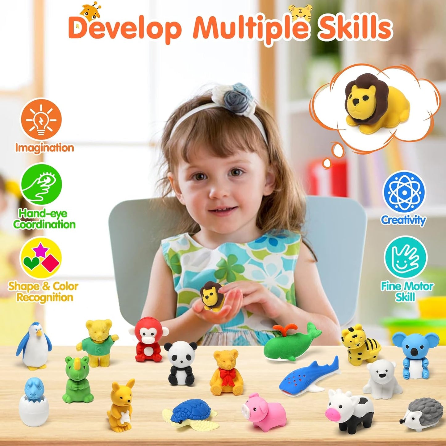 34 Pack Animal Pencil Erasers for Kids, 3D Mini Puzzle Take Apart Erasers, Desk Pets & Treasure Box Toys, Bulk Party Favors, Classroom Prizes, School Supplies, Gift for Boys & Girls