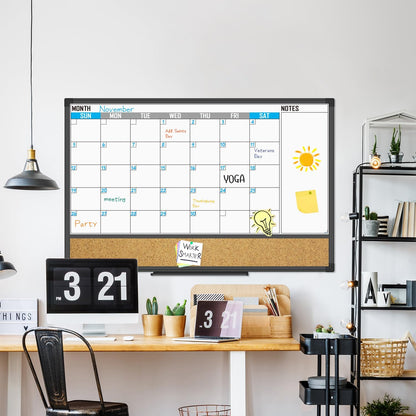 XBoard Dry Erase Calendar Whiteboard 48 X 36 - Combo White Board Calendar Monthly, Magnetic White Board + Corkboard with Black Aluminum Frame, Colorful Push Pins & Marker Tray Included