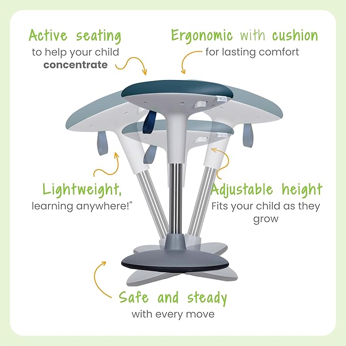 Kids Wobble Stool Ages 7–12; Adjustable Height Wobble Stool for Classroom Seating with Soft, Easy-to-Clean New Fabric Cushion; Flexible Wiggle Chair for Focus & ADHD + Bonus Visual Timer (Lake Teal)