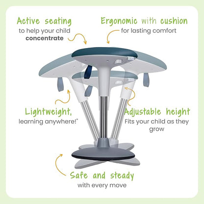 Kids Wobble Stool Ages 7–12; Adjustable Height Wobble Stool for Classroom Seating with Soft, Easy-to-Clean New Fabric Cushion; Flexible Wiggle Chair for Focus & ADHD + Bonus Visual Timer (Lake Teal)