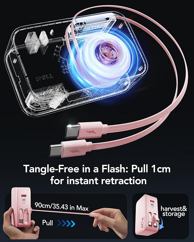 Retractable USB C Charger Wall Plug with Dual 35.5in/90cm Type C Cables Cords,40W Fast Charging Foldable Block Multi Charger for All Devices for iPhone 17/16/15/14/13/12,iPad,Galaxy,Pixel