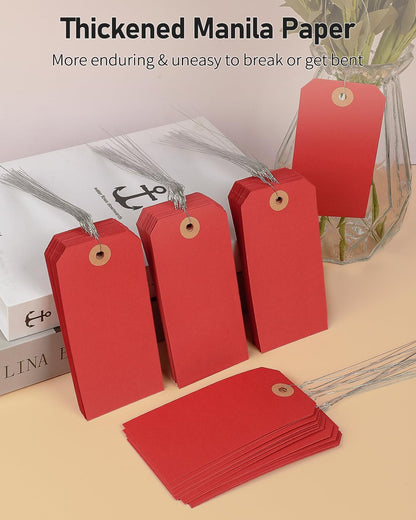 Uniclife 100 Pcs Red Blank Shipping Tags with Wire Attached 4.7 Inch Paper Tags Hang Tag with Reinforced Eyelet Large Marking Label Writable Price Tags Inventory Label Tag, 4.7" x 2.36"