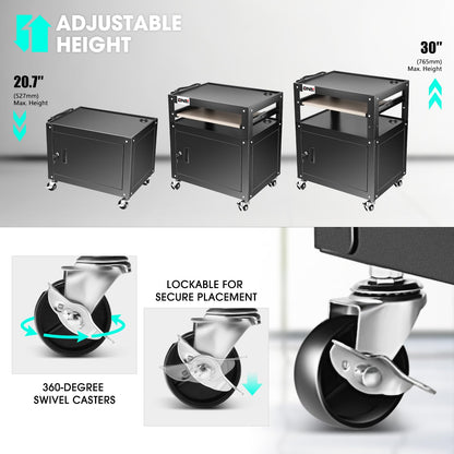 DNA MOTORING Steel AV Cart with Extra Storage, 24" X 18" X 20.7"-30" Height Adjustable 2-Layer Utility Rolling Projector Cart w/Wheels, Pull Out Tray, Power Strip, Cord Management, TOOLS-00496
