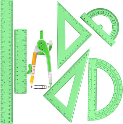 Zonon 1 Set Plastic Geometry Math Set 7 Pcs Includes 6'' / 4 '' Protractor, Drawing Compass, 45/60 Degree Triangle Rulers, 12'' / 6'' Math Ruler Transparent for Office Supplies(Green)