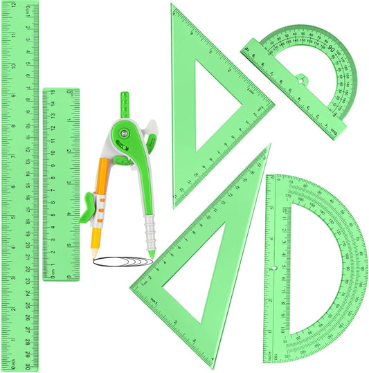 Zonon 1 Set Plastic Geometry Math Set 7 Pcs Includes 6'' / 4 '' Protractor, Drawing Compass, 45/60 Degree Triangle Rulers, 12'' / 6'' Math Ruler Transparent for Office Supplies(Green)