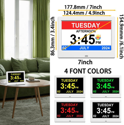 Alarm Clock with Day and Date for Elderly Digital Calendar Clock Photo Frame- Auto Dimmable Display 15 Alarm Options (7inch White)