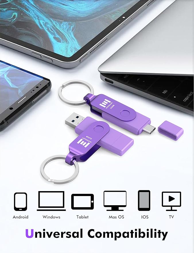 MOSDART 512GB USB3.1 Fast Speed C and A Dual Flash Drive, exFAT Memory Stick with Keychain and LED Indicator, for iPhone 15,16,17, Android Phone, iPad, MacBook, and Other Laptops, Purple