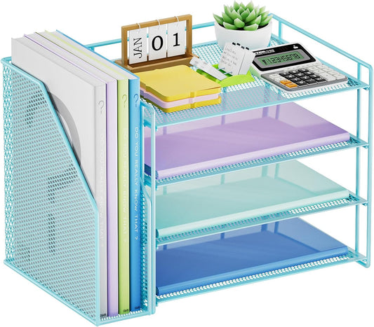 Marbrasse Desk Organizer and Accessories，4-Tier Paper Letter Tray Organizer with File Holder，Desk Accessories & Workspace Desktop Organizers for School Home Office Supplies (Blue)
