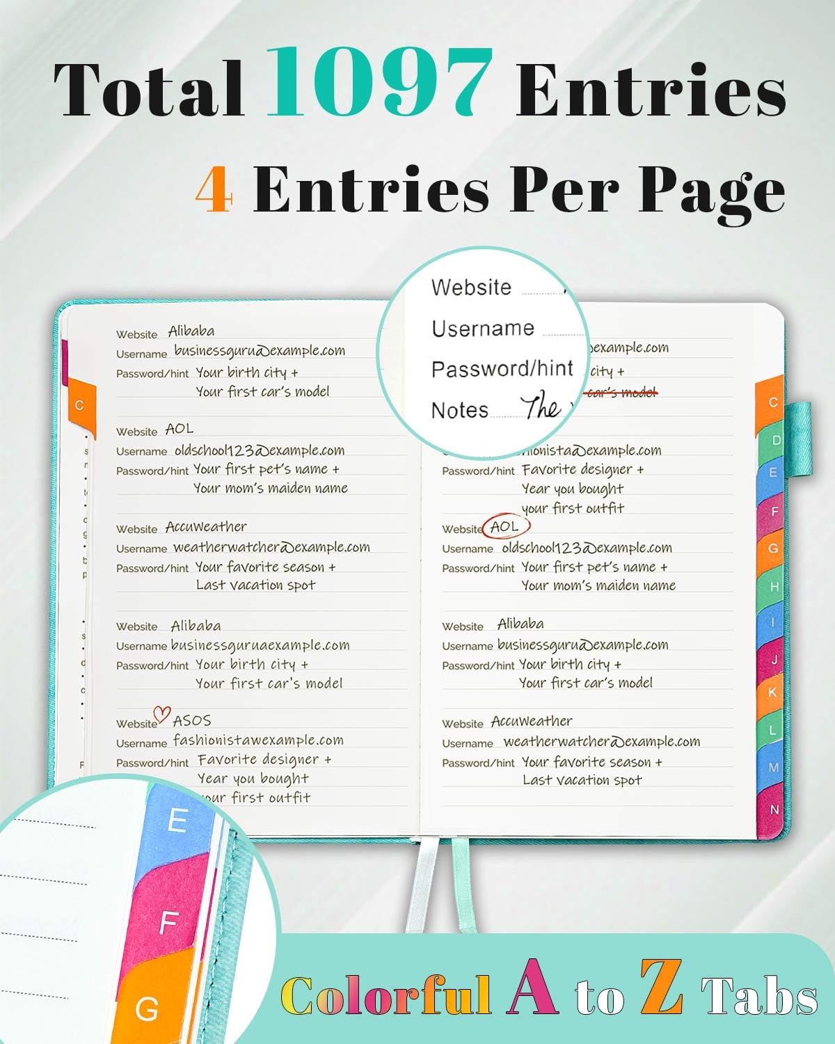 Password Keeper Book with Colorful Alphabetical Tabs, Hardcover Password Log-book for Internet Password and Website Address, 5.8"×8.4" Password Notebook for Home Office (Turquoise, Medium (5.8 x 8.4 Inch))