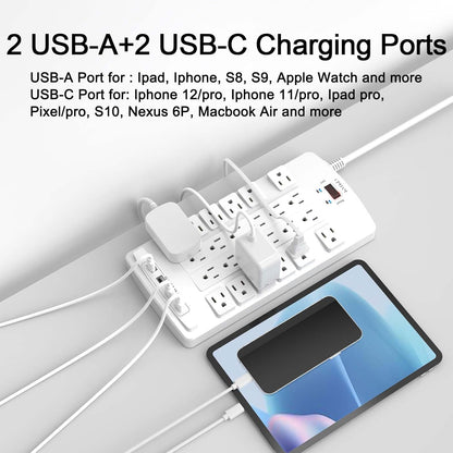 QINLIANF Surge Protector Power Strip - 20Ft Flat Plug Heavy Duty Extension Cord with 24 Outlets and 4 USB Ports(2 USB-C Ports), 1875W/15A, 4100J, for Home, Office, Dorm, ETL Listed, White