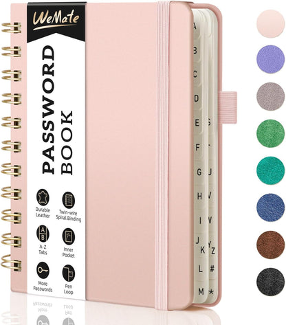 WEMATE Password Book with Alphabetical Tabs, Spiral Password Keeper Book for Seniors, Internet Password Notebook Password Journal Logbook Log in Detail, Small – 4.7''x 6'' (Rose Gold)