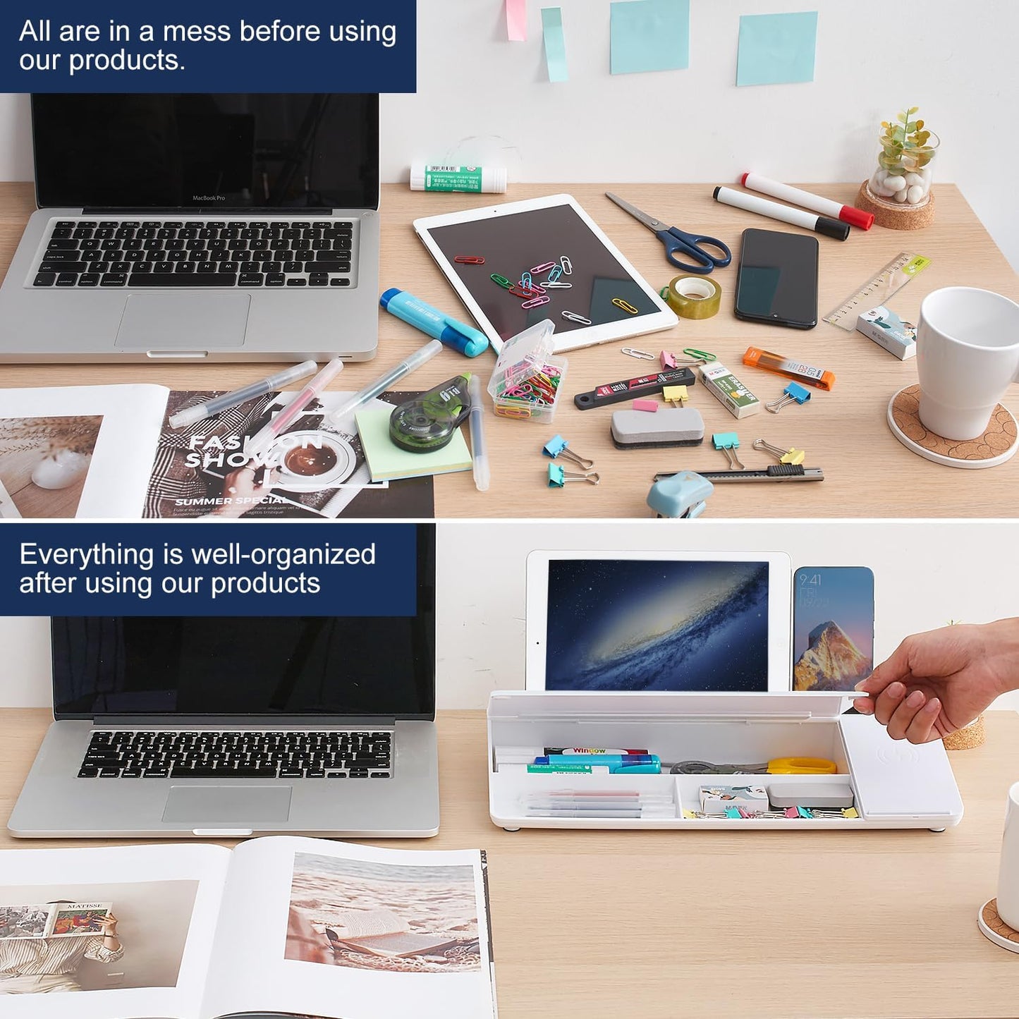 Small Glass Desktop Whiteboard Dry-Erase-Board - Computer Keyboard Stand with Wireless Charger White Board Surface Pad with Drawer, Desk Organizers with Accessories for Office, Home, School Supplies