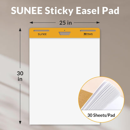 SUNEE Sticky Easel Pads, 25x30 Inches, 30 Sheets/Pad, 2 Pack – Self Stick Flip Chart Paper for Whiteboards, Premium Large White Chart Paper