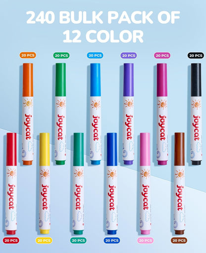 JoyCat 240-Count Washable Markers Bulk Set - 12 Assorted Colors | Classroom Supplies for Teachers, Markers For Kids & School | Flip-Top Storage Box, Non-Toxic Art Supplies