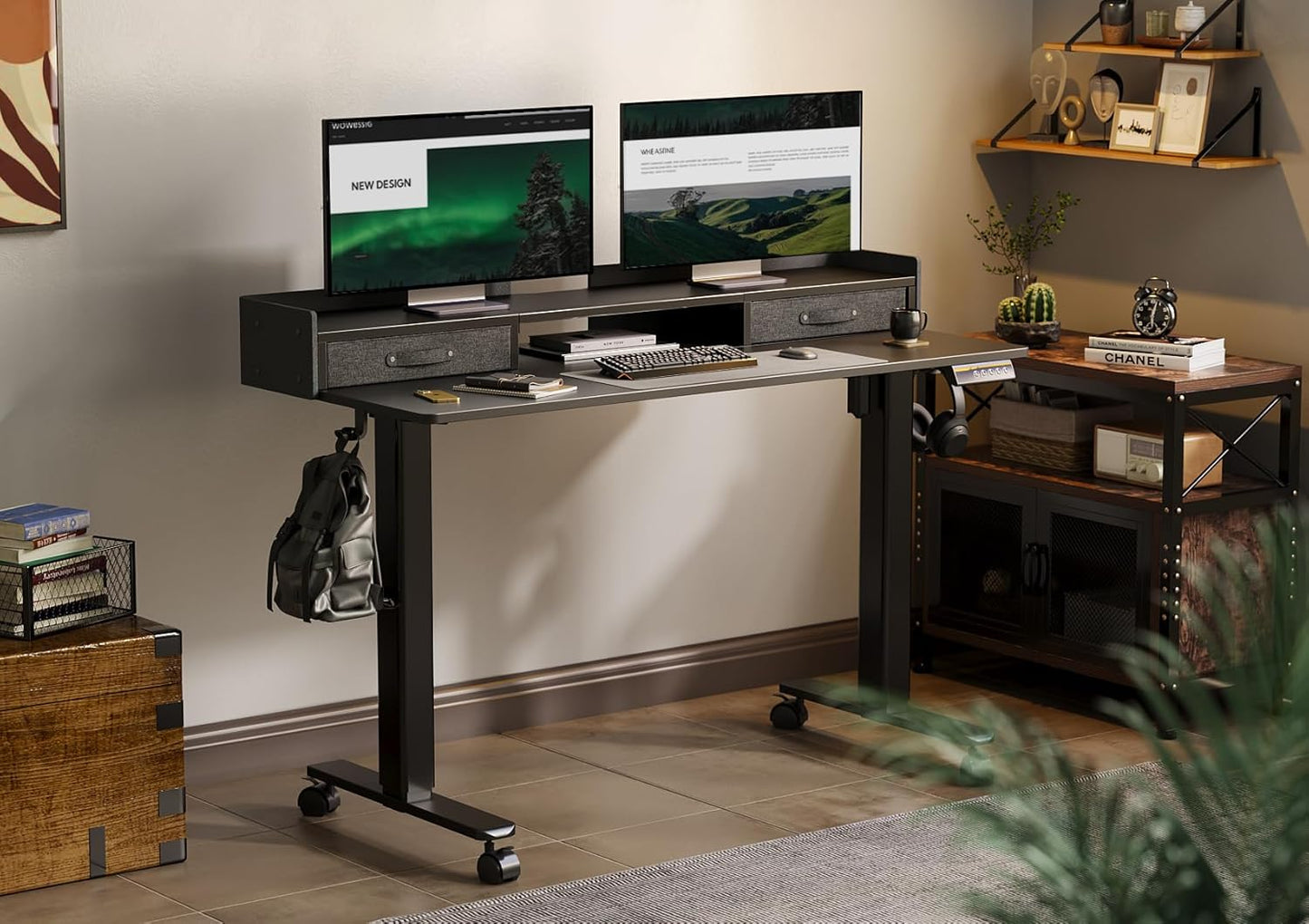 YDN Standing Desk with Drawers, 55 Inch Standing Desk Adjustable Height, Adjustable Electric Stand Up Sit Stand Small Desks with Storage and Shelf, Black