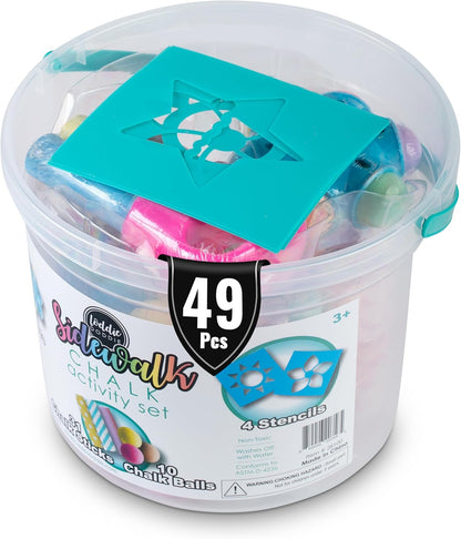 Loddie Doddie 49pc Sidewalk Chalk Bucket – Outdoor Activity Play Set for Kids, 31 Assorted Chalk Sticks, 4 Holders, 10 Ball Refills, 4 Stencils, Outdoor Water Play, Washable, Reusable Bucket
