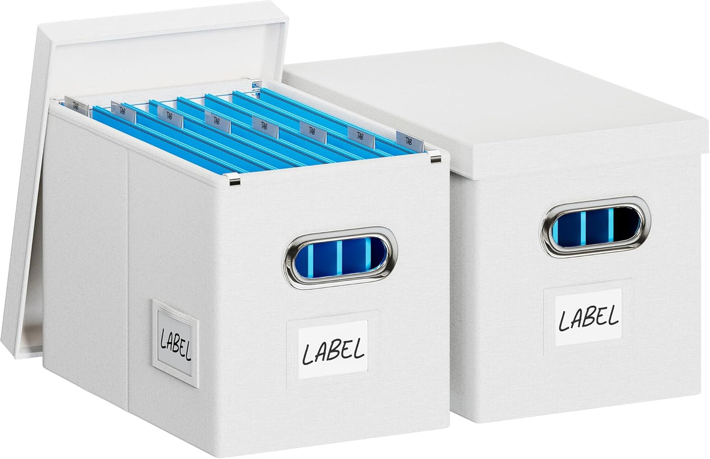 File Organizer Box with Lid - Set of 2 Portable Hanging File Box, Collapsible Linen Decorative Filing Storage Boxes for Office & Home File Cabinet (White 14 x 9.3 x 10.9 inch)