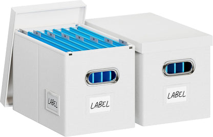 File Organizer Box with Lid - Set of 2 Portable Hanging File Box, Collapsible Linen Decorative Filing Storage Boxes for Office & Home File Cabinet (White 14 x 9.3 x 10.9 inch)