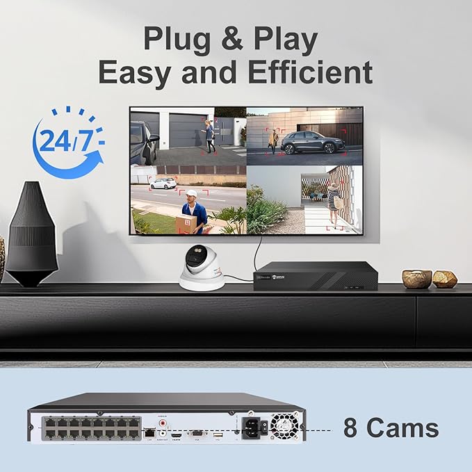 Anpviz 16CH PoE Security Camera System with Human/Vehicle Detection, 8pcs 5MP PoE Cameras with Mic, Smart Dual Light Color Night Vision, True WDR, 16CH NVR with 4TB HDD for 24/7 Recording