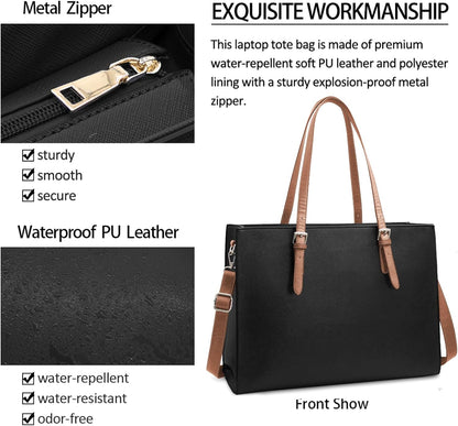Laptop Bag for Women Waterproof Lightweight Leather 15.6 Inch Computer Tote Bag Business Office Briefcase Large Capacity Handbag Shoulder Bag Professional Office Work Bag