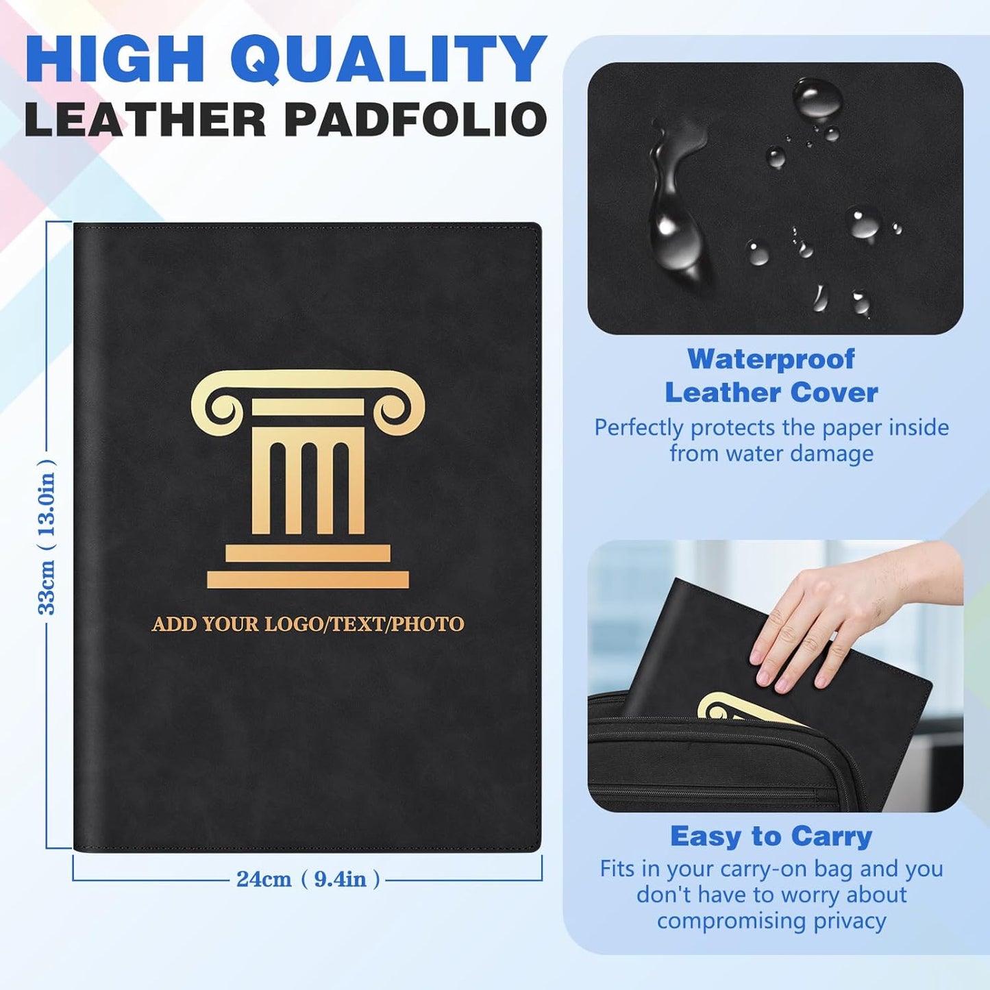 Personalized Padfolio Folder, Leather Custom Portfolio for Men & Women Resumes Office Business, A4 Portfolio Binder for Office College Resumes (Black)