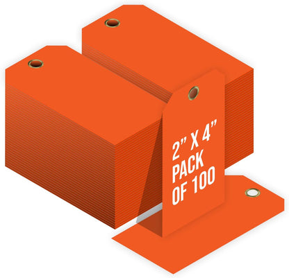 Tags 4 Less 15 Mil Waterproof Plastic Tags, Pack of 100 – 2” x 4” Heavy Duty Plastic Tags for Labeling, Outdoor Tagging, Equipment Labeling, Luggage, Valves & More (Orange)