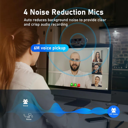4K Webcam, Computer Camera with 4 Noise-canceling Microphones for Computer/Laptop/Mac, Privacy Cover and Tripod, Work with Video Conference, Live Streaming, Gaming, Video Calls, Zoom