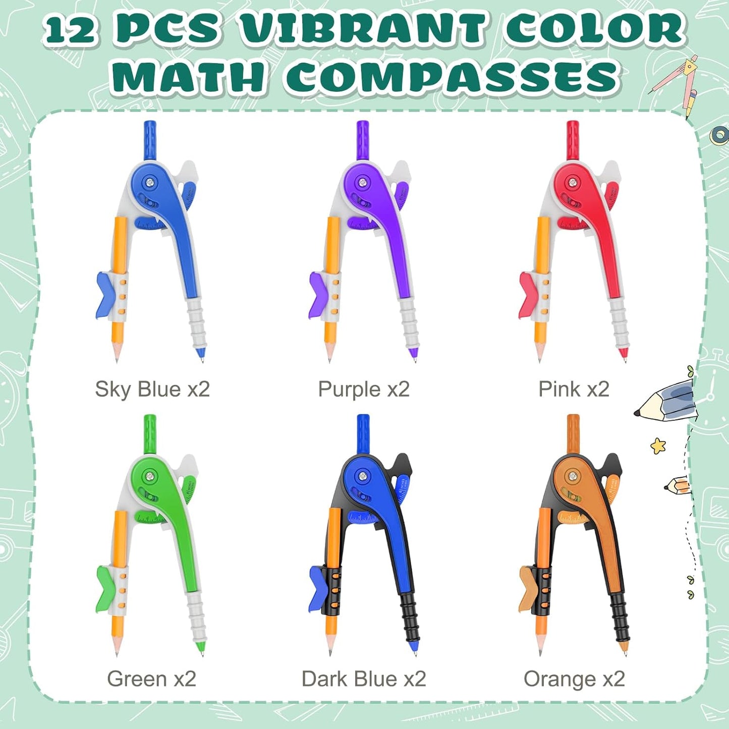 36 Pack Math Compass & Protractor Geometry Math Plastic Ruler Set Drawing Compass with Pencils 6 Inch Plastic Protractor for Geometry Bulk for Office Woodworking Art Drawing