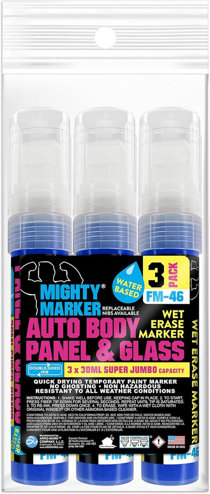 FM-46 Auto Body and Glass Super Jumbo Paint Marker, No-Ghost Formula, Water-Resistant, Valve Action, Removable, Water-Based, 30ml Capacity, Made in USA, Blue 3 Pack